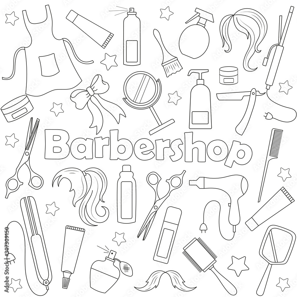 Set of icons on a theme of Barber shop, tools, and accessories of Barber, dark outline on a white background