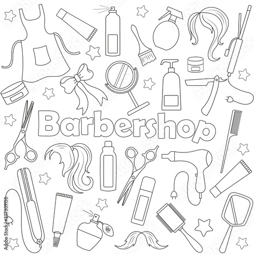 Set of icons on a theme of Barber shop, tools, and accessories of Barber, dark outline on a white background