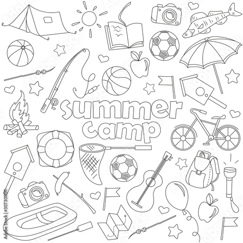 Set of  on contour icons on the subject of vacation and summer camps, dark outline on a white background