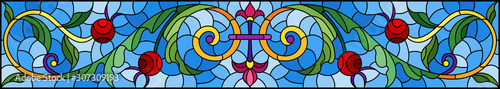 Illustration in stained glass style with abstract  swirls,flowers and leaves  on a blue background,horizontal orientation