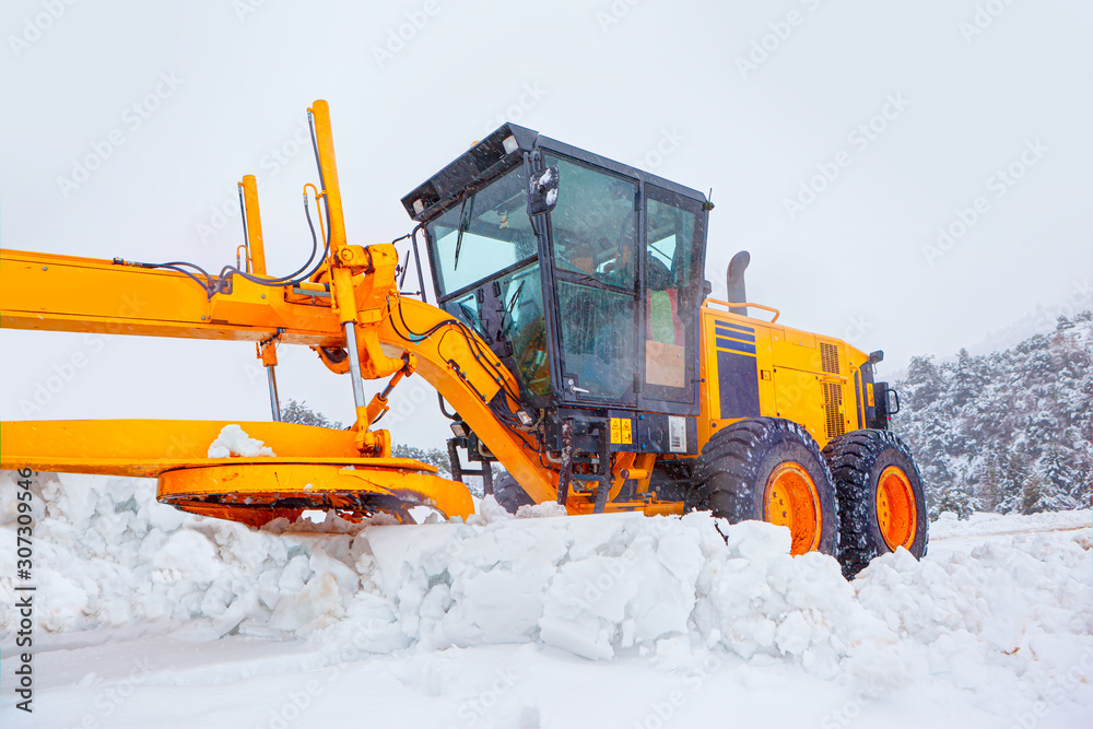 Obraz premium Bulldozer cleans snow-covered road through the forest.