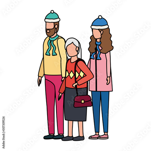 cute grandmother with young couple using christmas hat