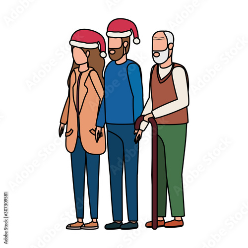 cute grandfather with young couple using christmas hat