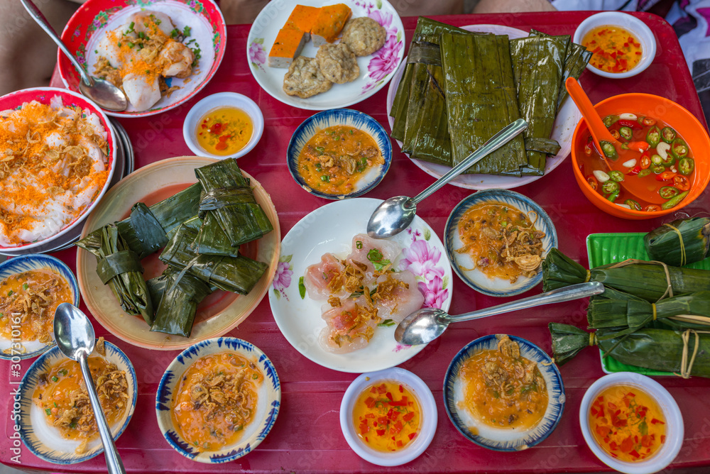 Vietnamese Hue style cuisine, steamed rice cake and minced shrimp Vietnamese Hue style cuisine, steamed rice cake and minced shrimp