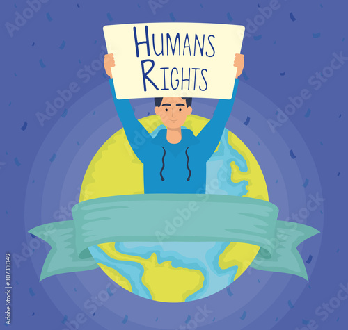 young man with human rights label and world planet