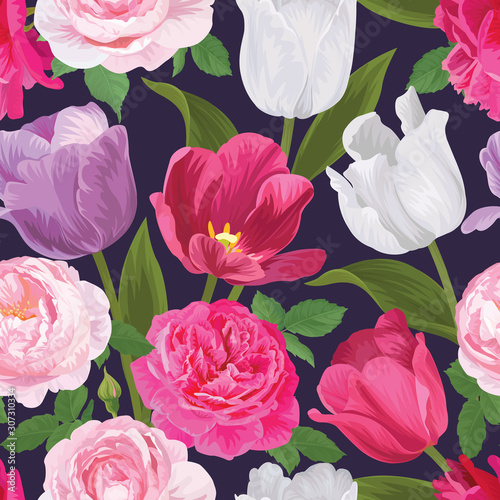Fototapeta Naklejka Na Ścianę i Meble -  Seamless pattern of pink tulip flowers with roses background. Vector set of blooming floral for holiday invitations, greeting card and fashion design.