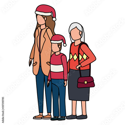 grandmother with daughter and grandson using christmas hat