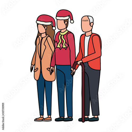 cute grandfather with young couple using christmas hat