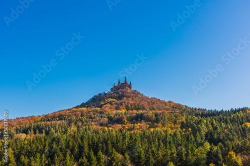 Germany Hohenzollern Castle is a hilltop castle located on the  Mount Hohenzollern.  It is 855m above sea level and we can see the castle from everywhere.  photo