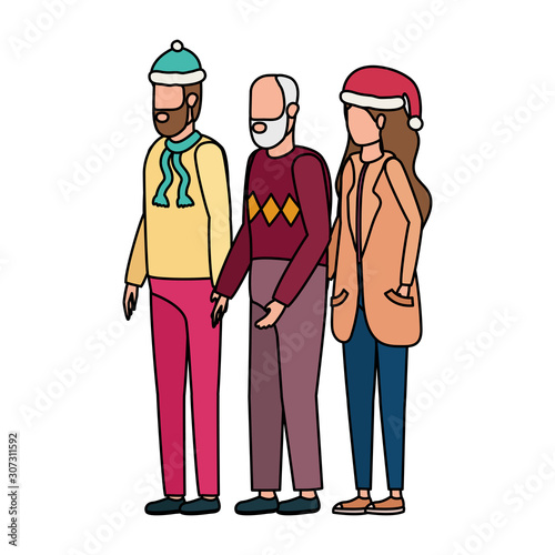 cute grandfather with young couple using christmas hat