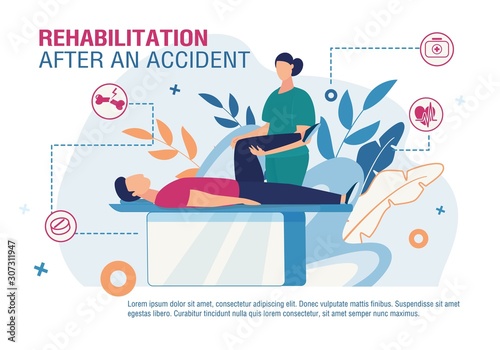 Rehabilitation after Accident Advertising Poster. Cartoon Doctor Physiotherapist Working with Patient Leg after Injury, Trauma. Orthopedics Medicine. Telemedicine Banner. Vector Flat Illustration