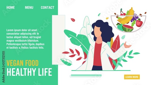 Vegan Food for Healthy Life Promoting Flat Landing Page. Cartoon Female Doctor Nutritionist Dieting Expert Describing Fruits and Vegetables in Human Diet Benefits Design. Vector Illustration