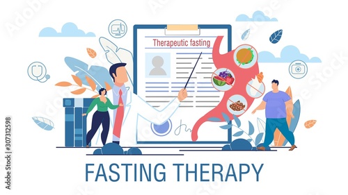 Fasting Therapy Obesity Treatment Promotion Poster. Vector Cartoon Overweight Man and Woman at Doctor Consultation. Specialist Nutritionist Offering Therapeutical Hunger Cure Illustration