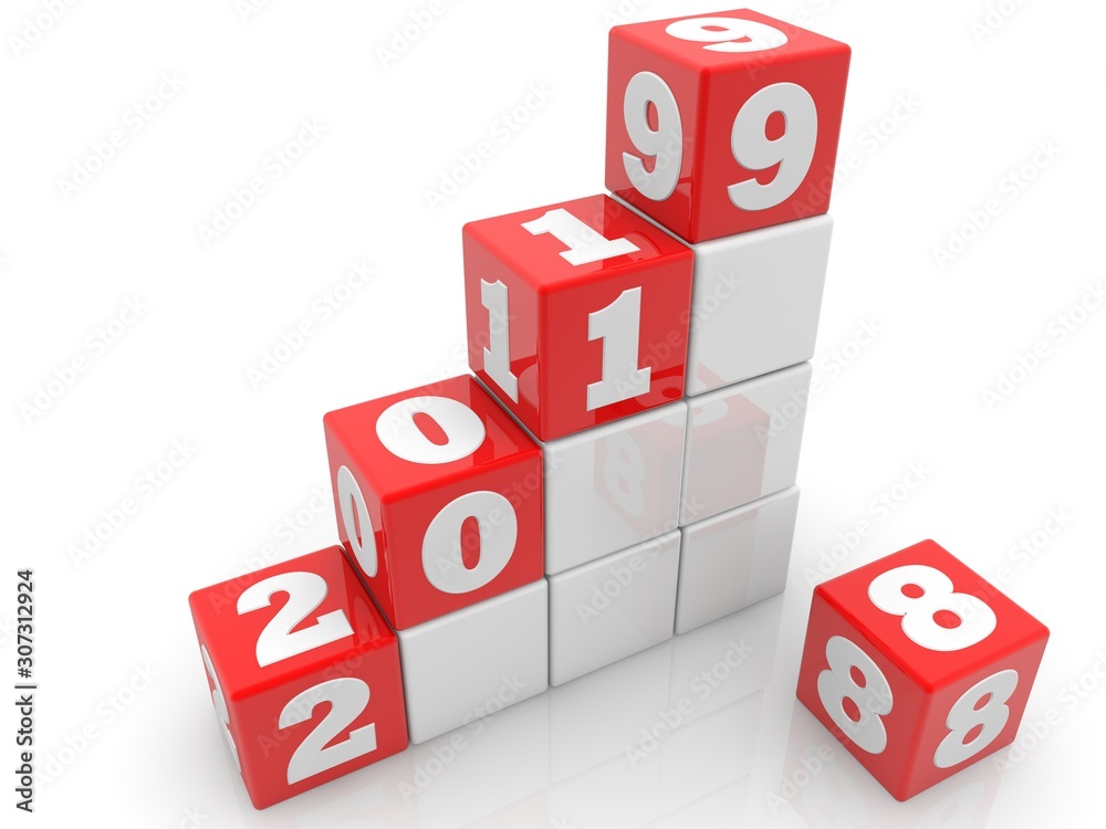2019 and 2018 concept in the form of steps on white and red toy cubes 2019 and 2018 concept in the form of steps on white and red toy cubes