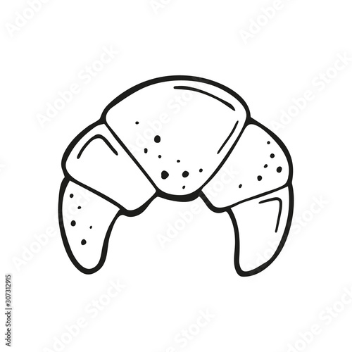 Single hand drawn bagel or croissant. In doodle style, black outline isolated on a white background. Cute element for card, social media banner, stickers. Vector illustration