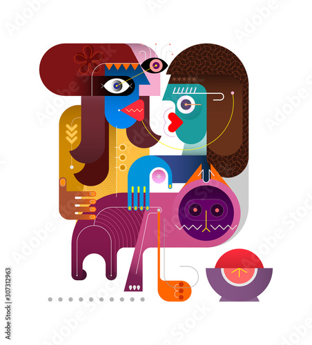 Two women petting a cat