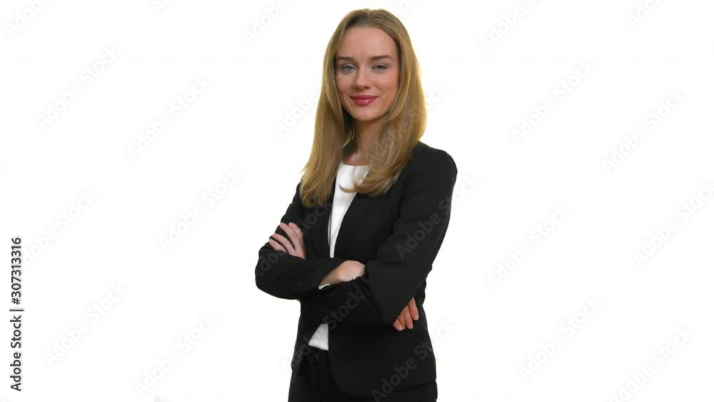 Isolated portrait of smiling business woman in suit with crossed arms. Corporate confident person smiling to camera. Isolated portrait of smiling business woman in suit with crossed arms. Corporate confident person smiling to camera.
