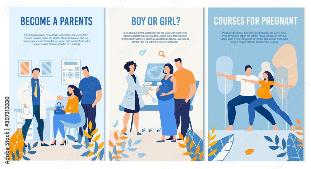 Successful Conception Ultrasound Checkup, Courses for Pregnant, Pregnancy Management Maternal Prenatal, Child Sex Determination Services Set. Advertising Banners or Posters Design. Vector Illustration Successful Conception Ultrasound Checkup, Courses for Pregnant, Pregnancy Management Maternal Prenatal, Child Sex Determination Services Set. Advertising Banners or Posters Design. Vector Illustration