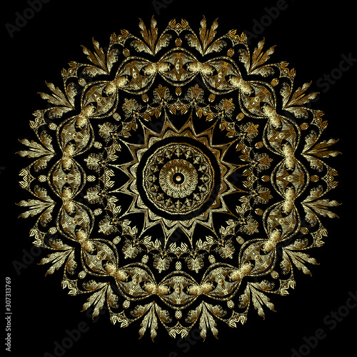 Gold textured 3d tapestry round Baroque mandala pattern. Vector ornamental embroidered background. Repeat floral backdrop. Vintage embroidery Damask baroque style flowers, leaves. Grunge ornaments