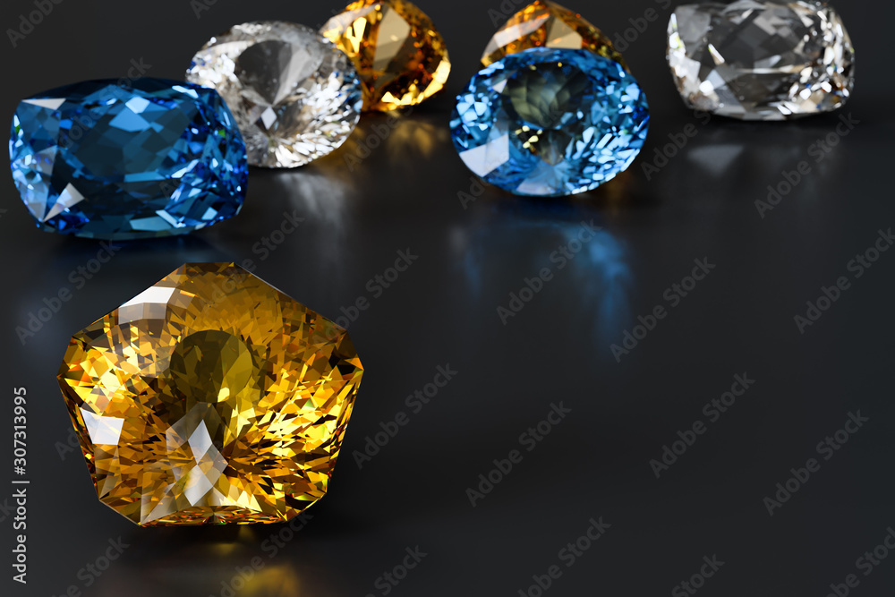 Multiple blue, yellow, white topazes on black glossy background Multiple blue, yellow, white topazes on black glossy background