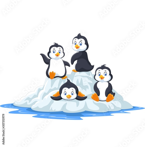 Group of funny penguins playing on ice floe