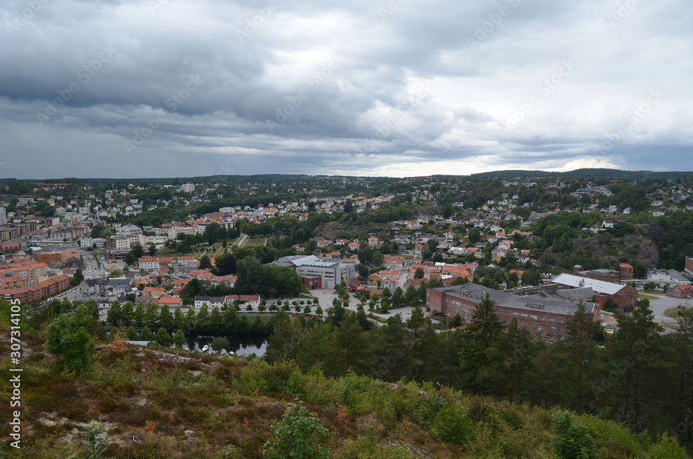 Halden aerial panoramic view from Fortress Fredriksen. Halden,Norway