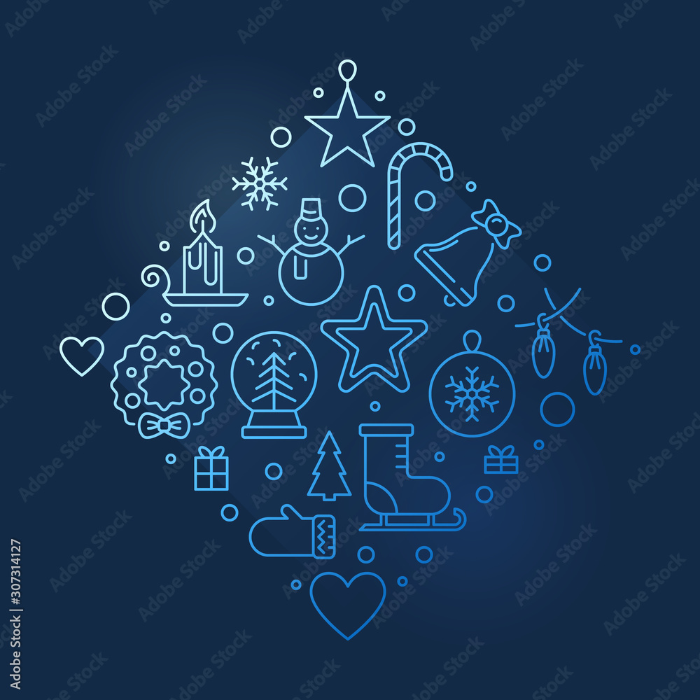 Merry Christmas and Happy New Year vector blue modern linear illustration on dark background Merry Christmas and Happy New Year vector blue modern linear illustration on dark background