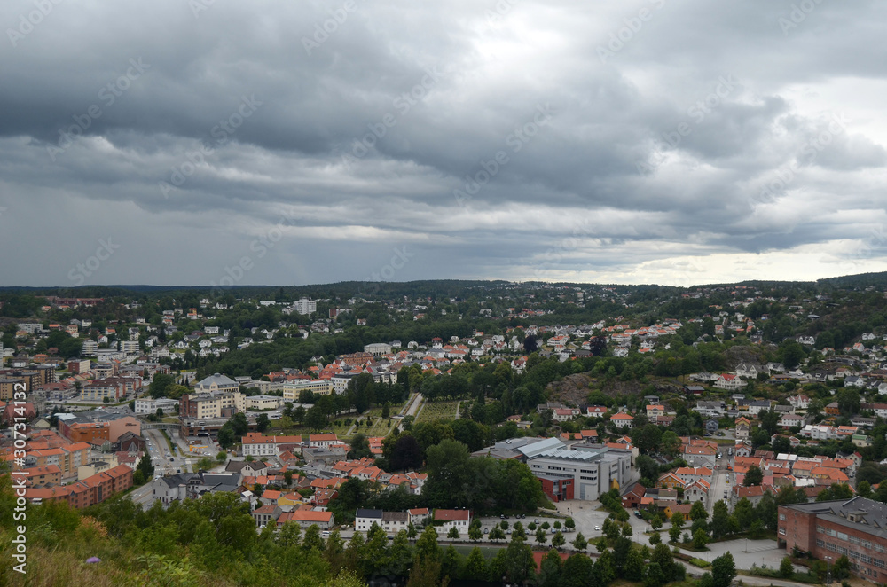Halden aerial panoramic view from Fortress Fredriksen. Halden,Norway
