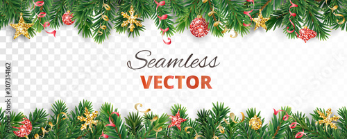 Vector Christmas decoration. Christmas tree border, frame with golden ornaments.