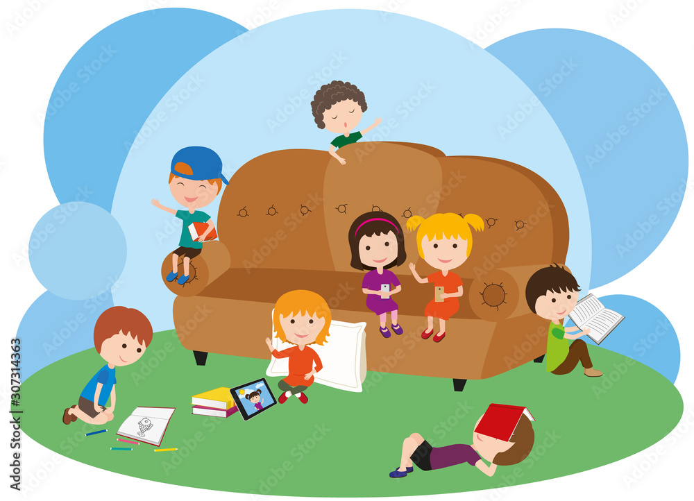 Children read books and play on phones on a large sofa. Entertainment for children. Children with gadgets. Vector illustration.