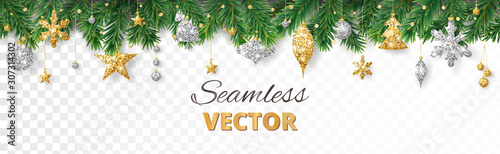 Naklejka Vector Christmas decoration. Christmas tree border, frame with golden ornaments.