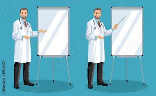Set of smiling European middle-aged doctors. Handsome men with gray hair and beard stands and points to flip chart. Vector illustration