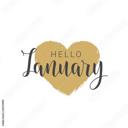 Vector Illustration. Handwritten Lettering of Hello January. Template for Banner, Greeting Card, Postcard, Invitation, Poster or Sticker. Objects Isolated on White Background.