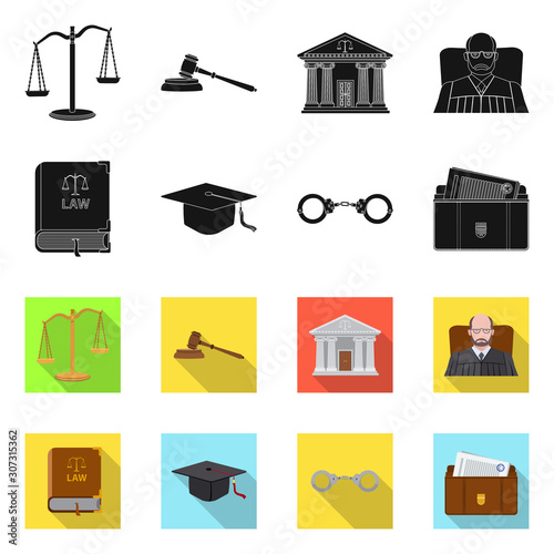 Vector illustration of law and lawyer sign. Collection of law and justice stock vector illustration.