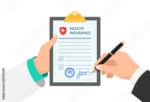 Doctor agent or medical officer hand holding clipboard with insurance policy form and patient signs agreement protection document. Make deal medicine compensation contract vector illustration