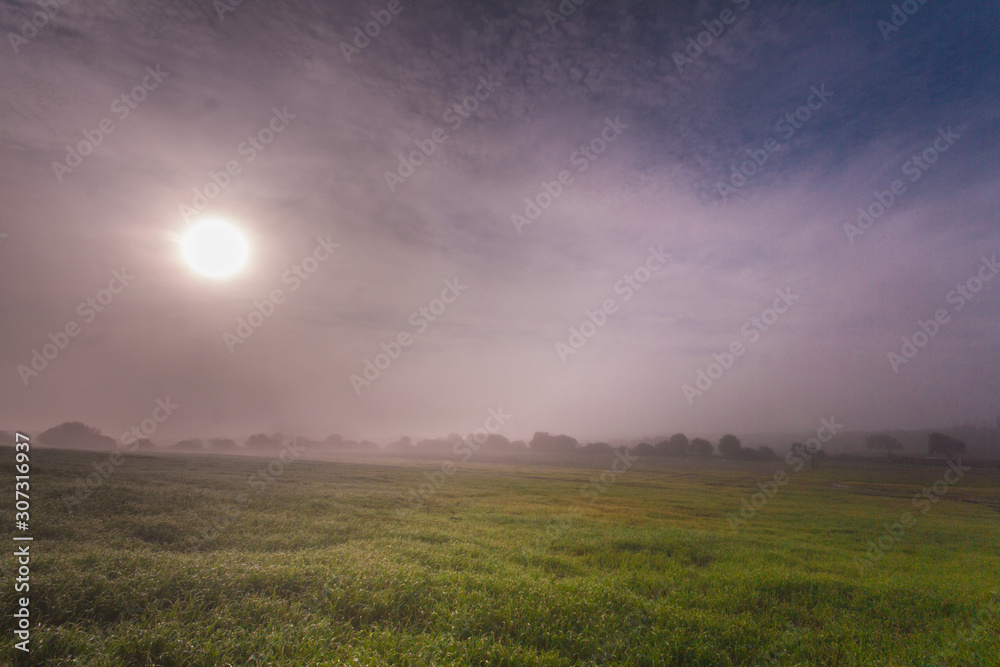 time lapse of an agriculture field with thick mists of fog at the crack of dawn