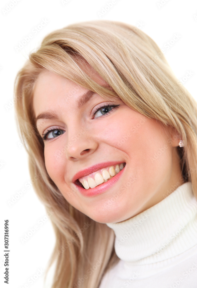 Portrait of a young smiling beautiful blonde woman on white background Portrait of a young smiling beautiful blonde woman on white background