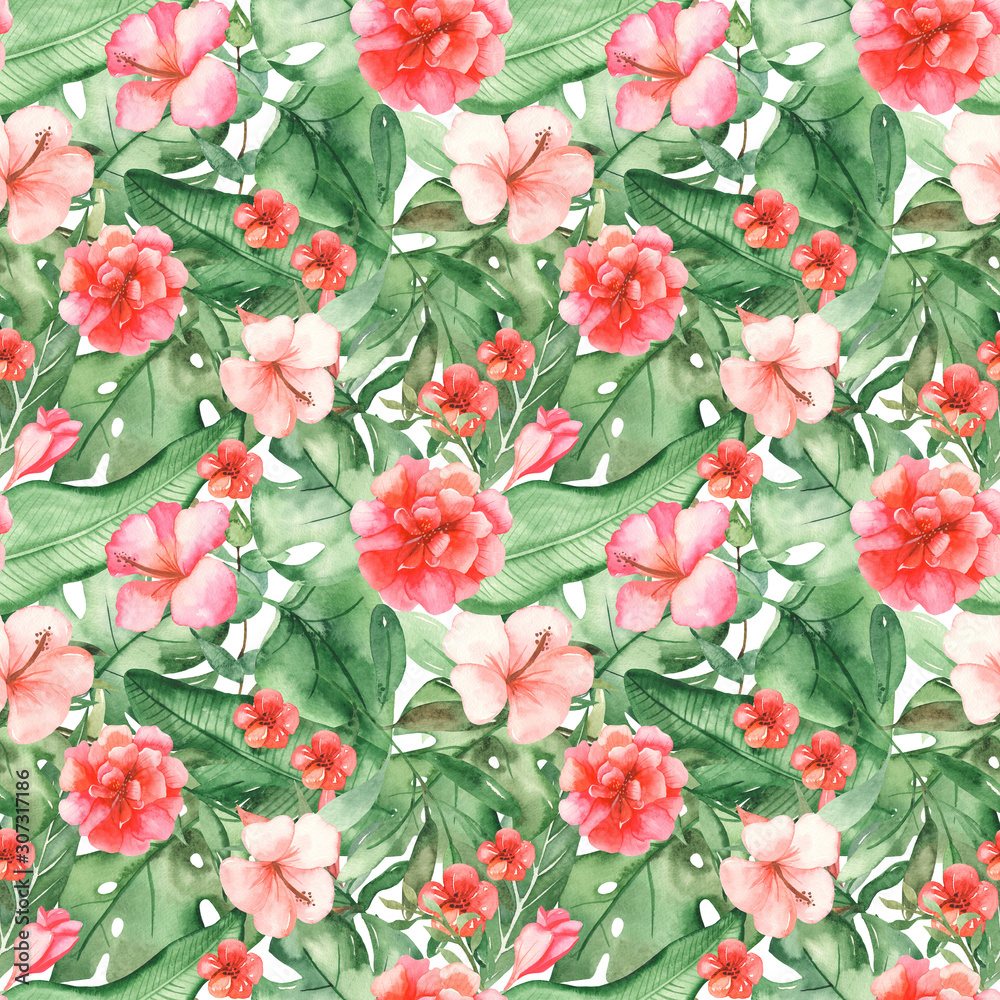Watercolor seamless pattern with big tropical leaves and flowers