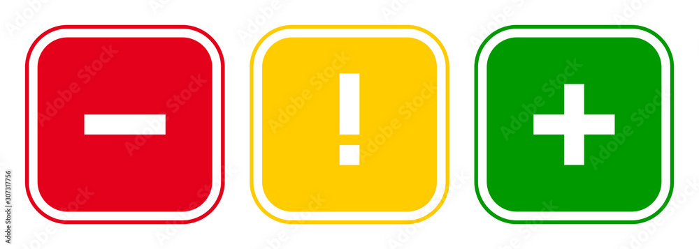 Set of square plus sign, exclamation point, minus sign icons, buttons isolated on white background. Set of square plus sign, exclamation point, minus sign icons, buttons isolated on white background.