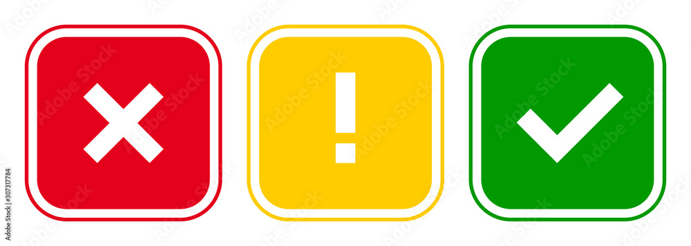 Set of square x mark, exclamation point, check mark icons, buttons isolated on white background. Set of square x mark, exclamation point, check mark icons, buttons isolated on white background.