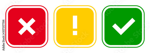 Set of square x mark, exclamation point, check mark icons, buttons isolated on white background.