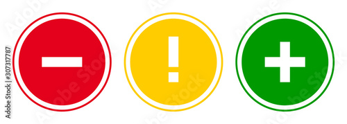 Set of round plus sign, exclamation point, minus sign icons, buttons isolated on white background.