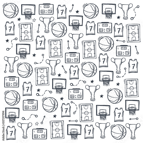 Basketball background with hand draw doodle elements.