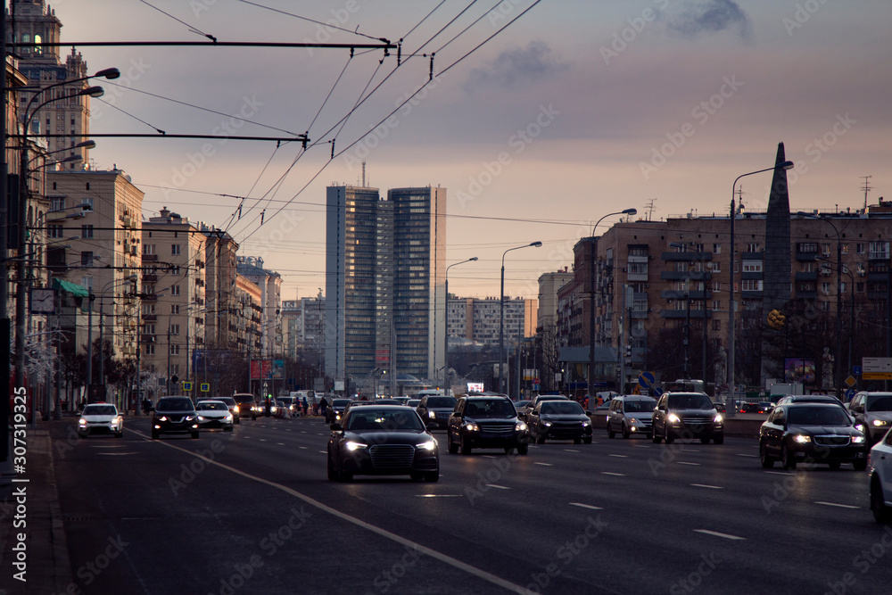 The busy traffic in the city focus on building The busy traffic in the city focus on building