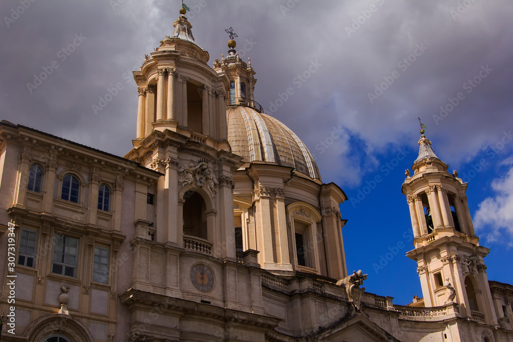 background bottom view of the beautiful church building in rome, architectural monument and tourist attraction, italy, europe