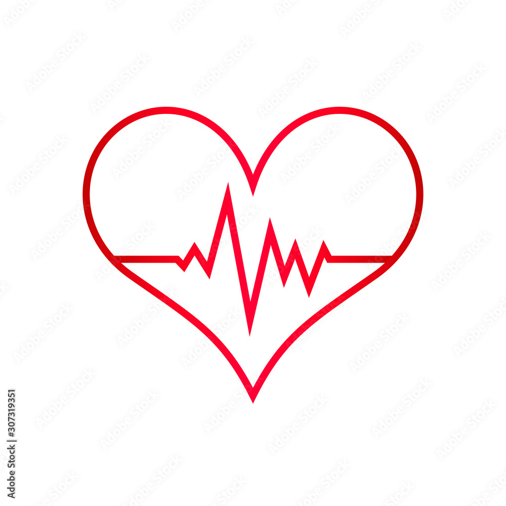 Heart illustration with pulse inside. Red line art on white background. Illustration for valentines day, love or healthcare and medical companies. Heartbeat icon for cardiology. Raster image