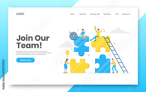 Business internet landing page concept template. Creative business people with big jigsaw puzzle pieces. Teamwork, time management concept flat style design vector illustration isolated on background.