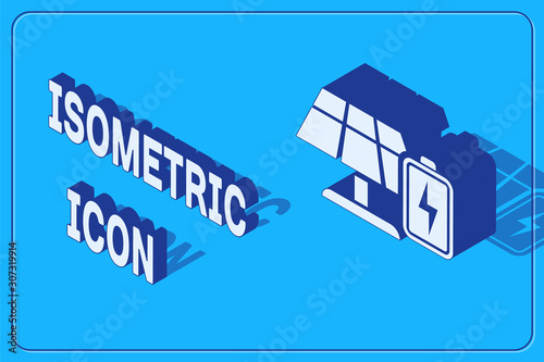 Isometric Solar energy panel and battery icon isolated on blue background. Vector Illustration