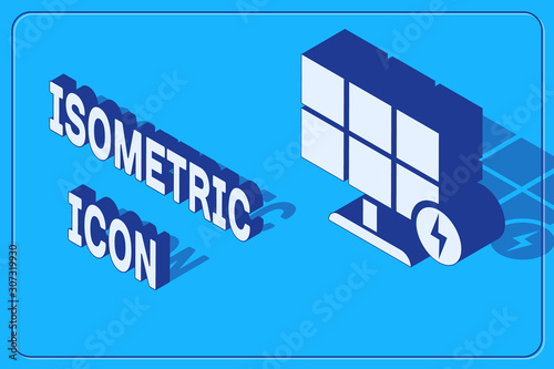 Isometric Solar energy panel icon isolated on blue background. Vector Illustration