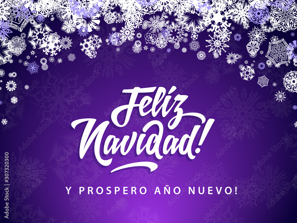 Feliz Navidad - Merry Christmas in spanish language purple card illustration design elements, snowflakes